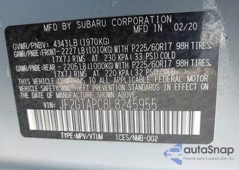 2020 Subaru Crosstrek Premium из США, поврежденный, VIN JF2GTAPC8L8245955